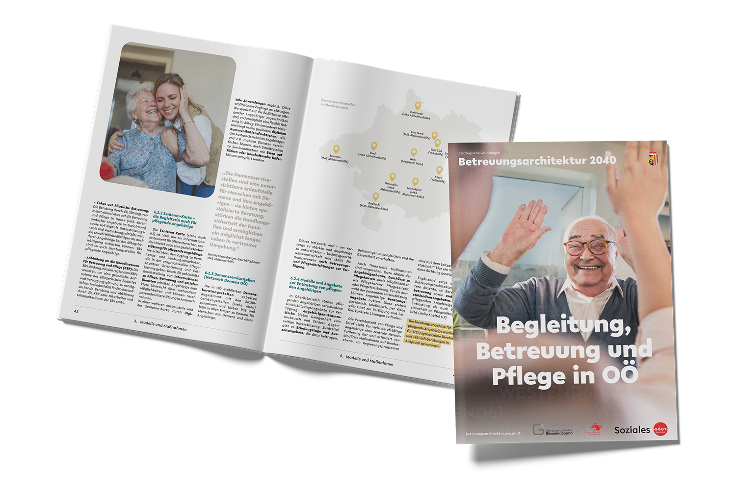 Aufgeschlagene Broschüre und Titelbild zur Betreuung, Begleitung und Pflege in Oberösterreich